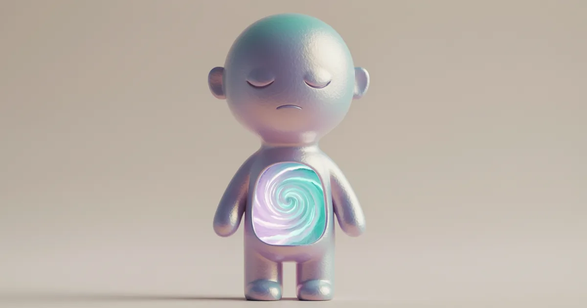 Iridescent figure with calm exterior and softly glowing swirling light inside — representing high-functioning anxiety
